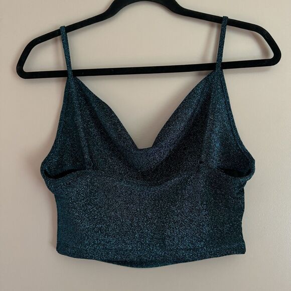 Women's Draped Cowl Neck Cropped Tank Top Blue Glitter Metallic Micro Cami M - Picture 4 of 9